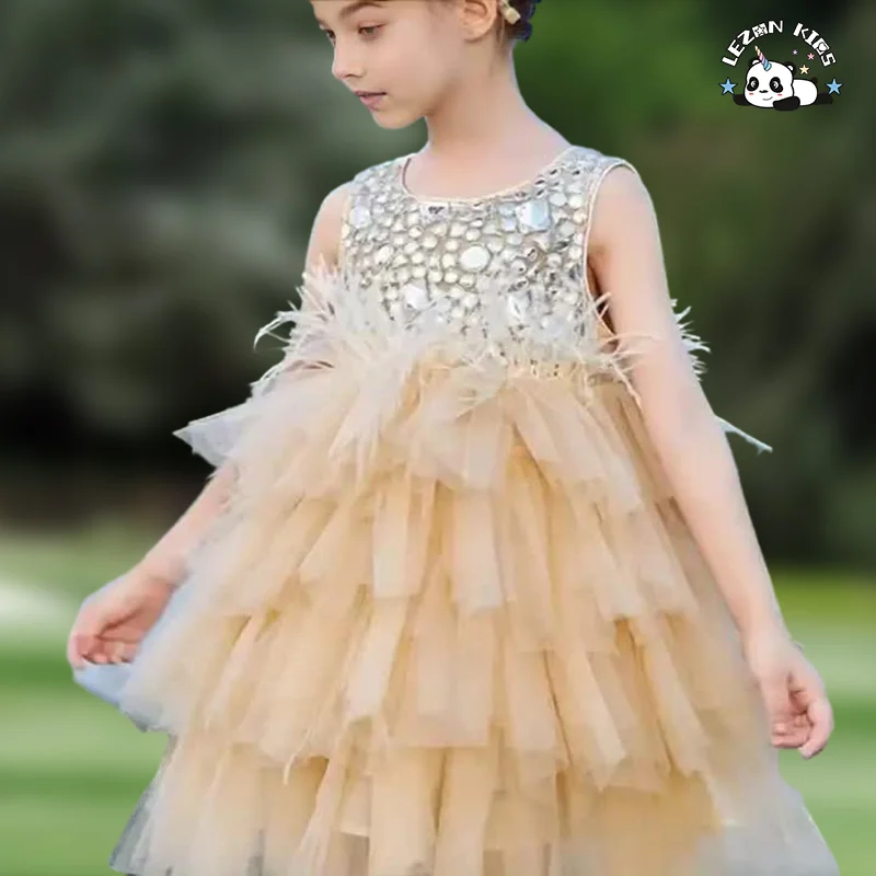 LEZONKIDS - 2024 New Fashion Summer Sleeveless Princess Cake Dress for Children Soft Feather Tutu Dress for 6 Year Olds